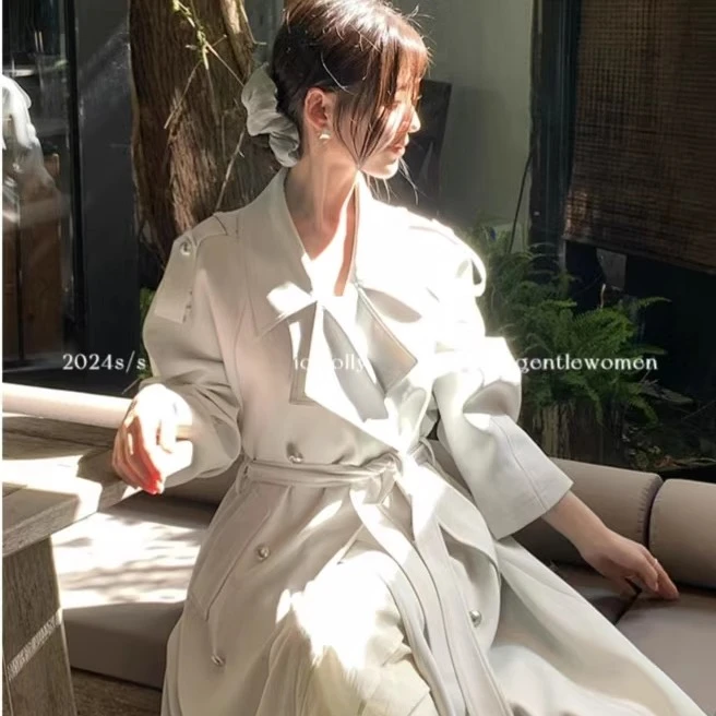 白色双排扣系带风衣女2025春季新款英伦风宽松中长款廓形大衣外套