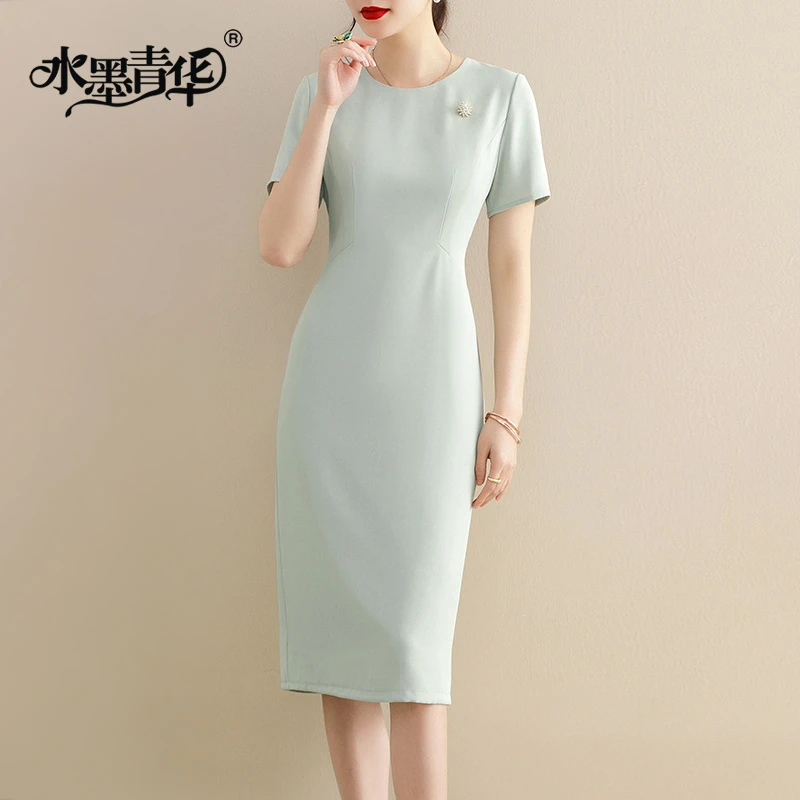 水墨青华2025新品优雅修身时尚乱麻裙显瘦百搭短袖夏季连衣裙