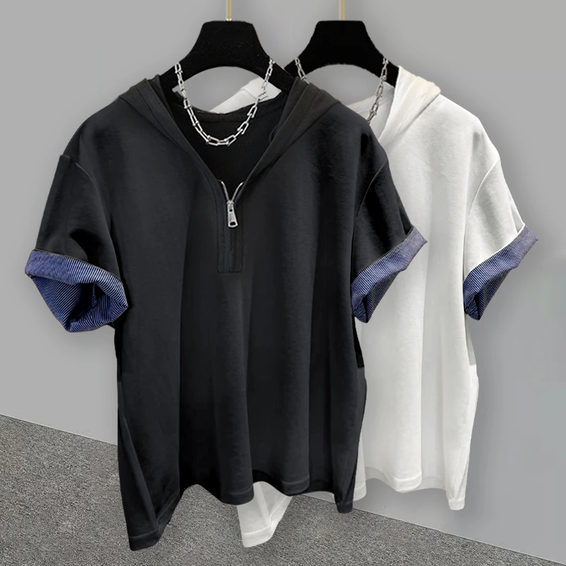 DeweLvum夏季条纹百搭拼接短袖t恤男宽松半拉链连帽半袖上衣男装