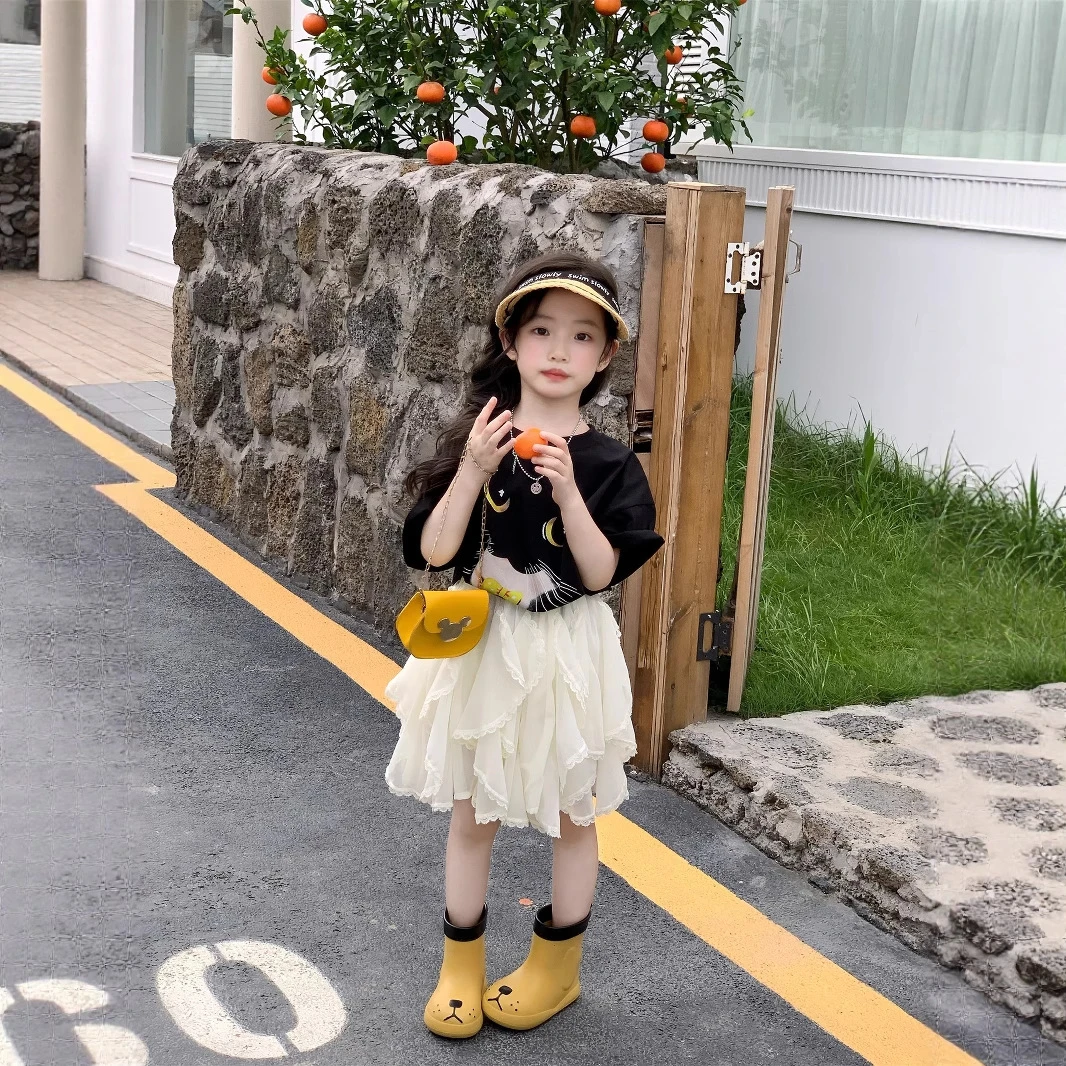 月2025夏季新款女童卡通猫咪短袖T恤折叠纱纱雪纺半身裙两件套
