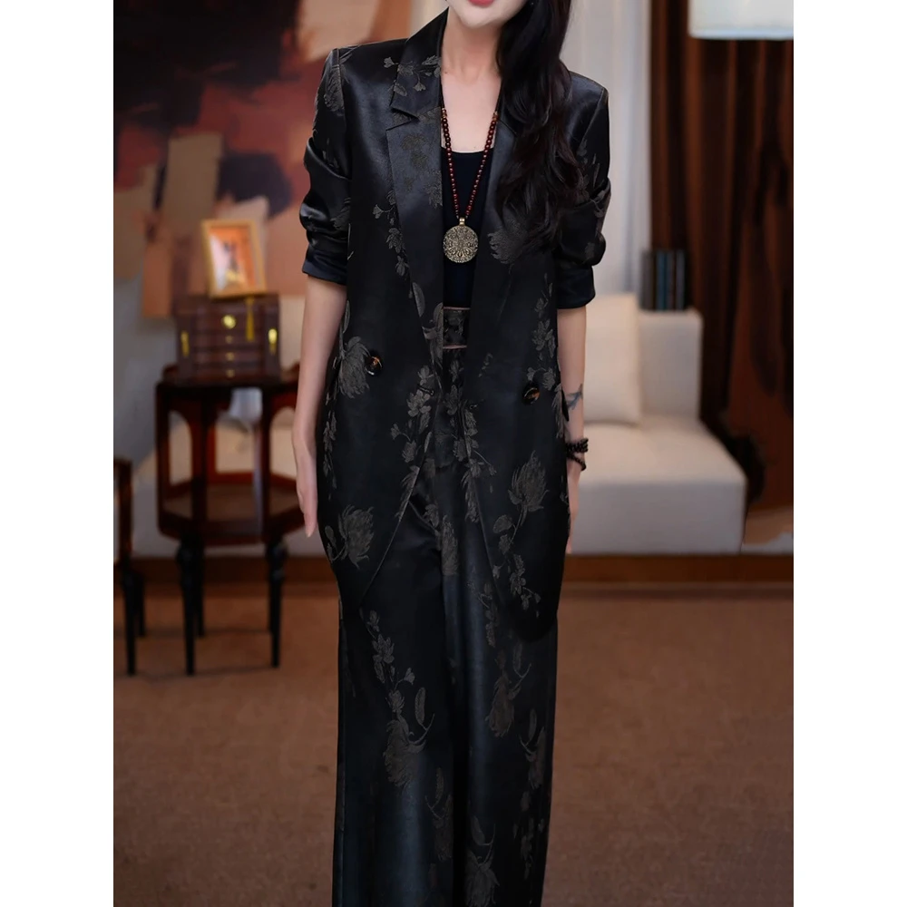 洋气贵夫人印花裤套装女2025秋季新款通勤百搭显瘦开衫外套+裤子