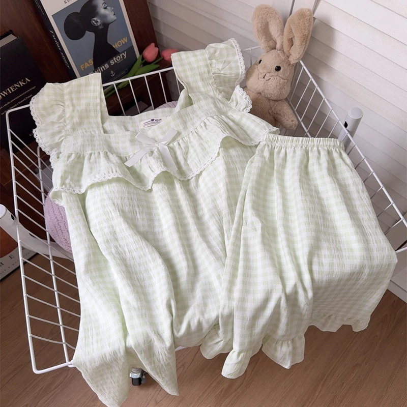 性感吊带短裤睡衣女夏季带胸垫花边甜美绿色格子蝴蝶结家居服套装