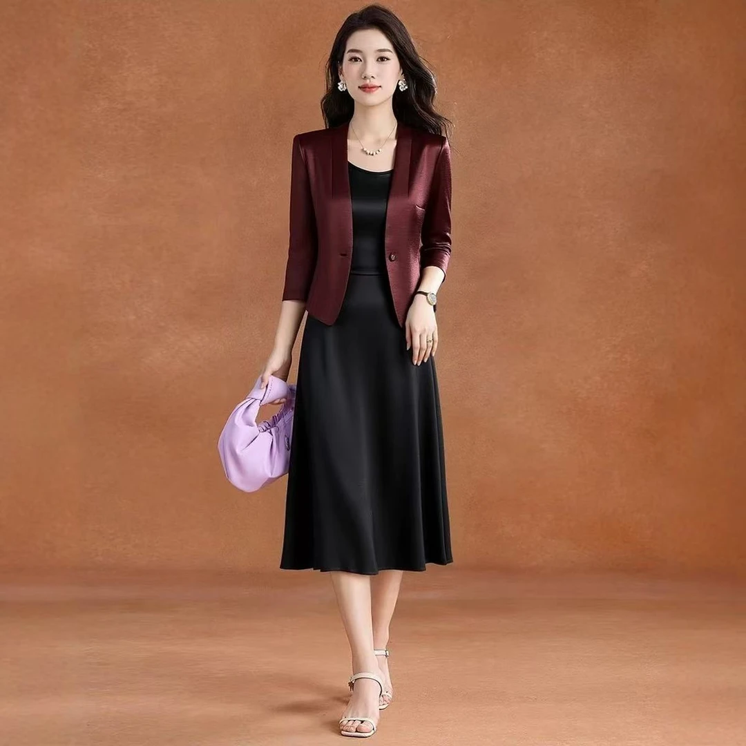 T607 常规短款修两件套裙子显瘦A字裙女士七分袖拼接气质