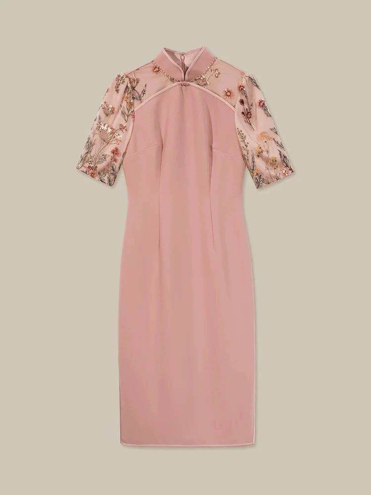 歌家夏季新款修身杏粉精致刺绣改良旗袍连衣裙