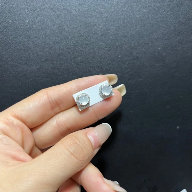 天然缅甸翡翠A货白冰简单款百搭耳钉