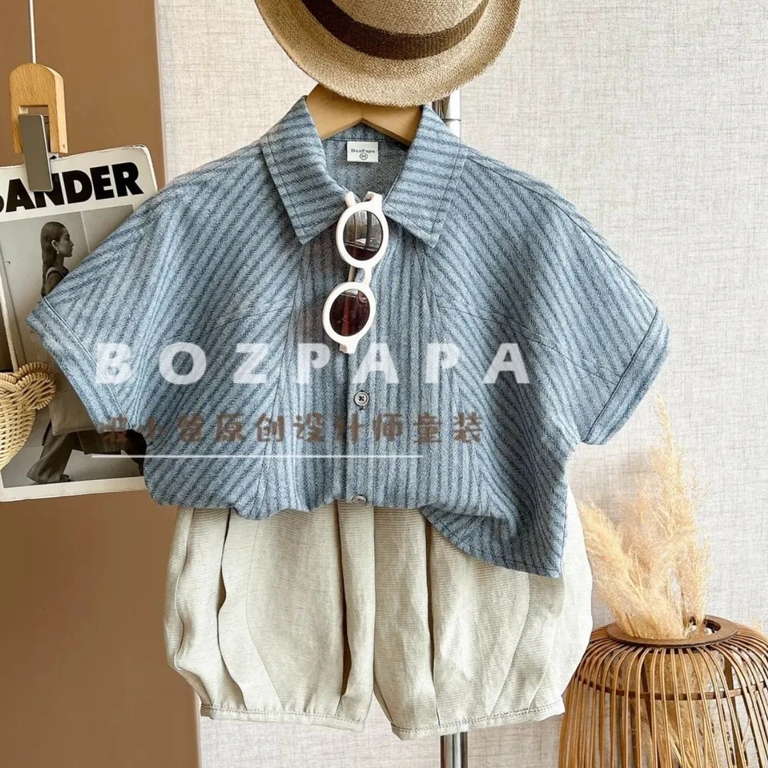 男童套装夏装新款帅气简约条纹短袖衬衫短裤男宝宝休闲两件套 FY