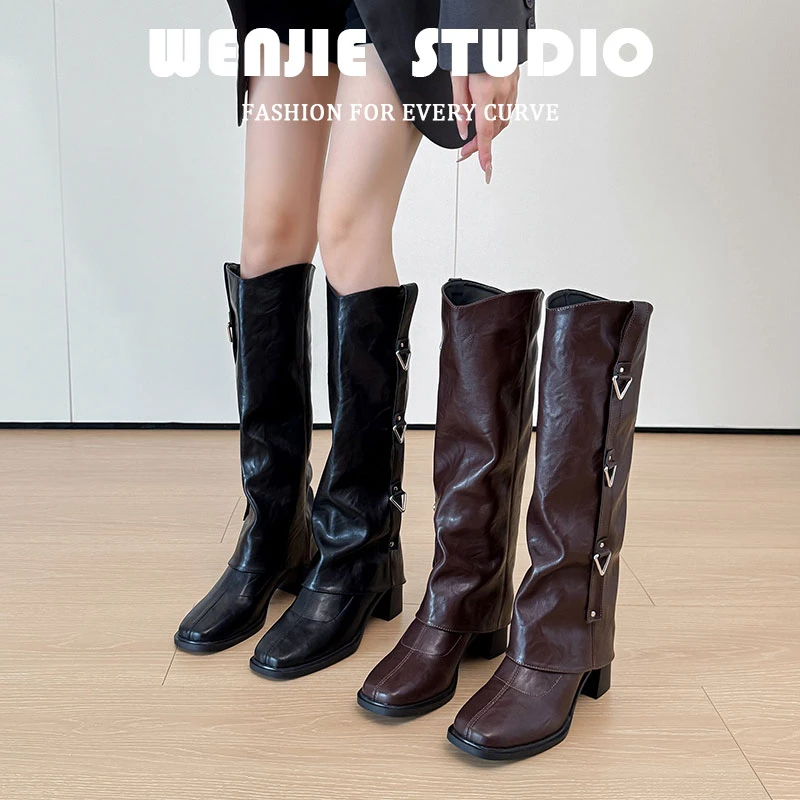 尖头两穿堆堆靴真皮侧扣大码高跟长筒靴2025新款褶皱加宽筒裤管靴