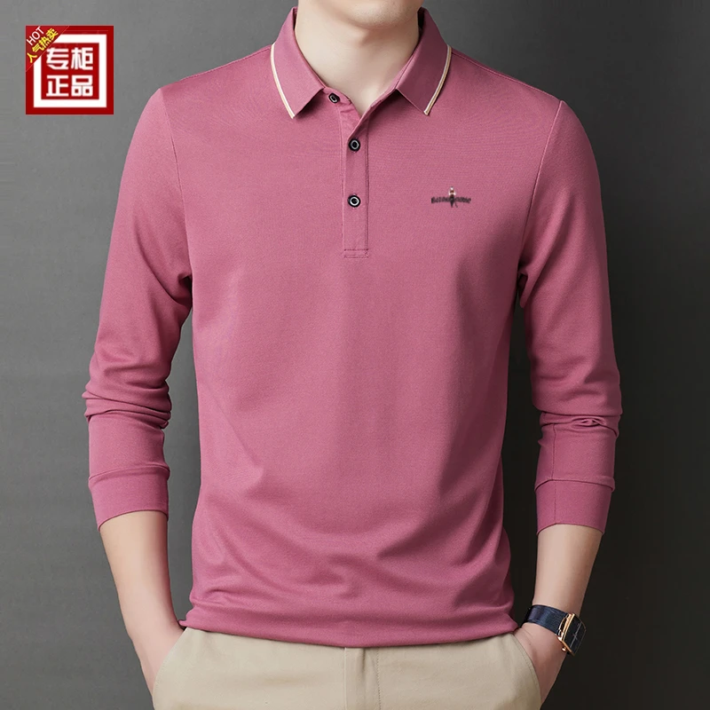 专柜正品亲肤棉翻领polo衫男士春季新款纯色休闲中年男士长袖T恤