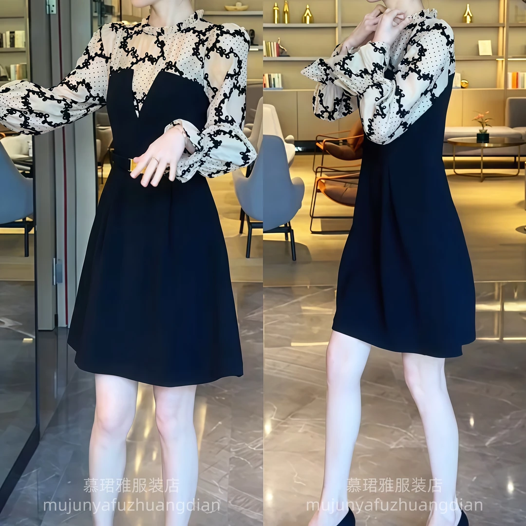 2025显瘦名媛黑色新款时尚法式气质拼接洋气短款收腰连衣裙