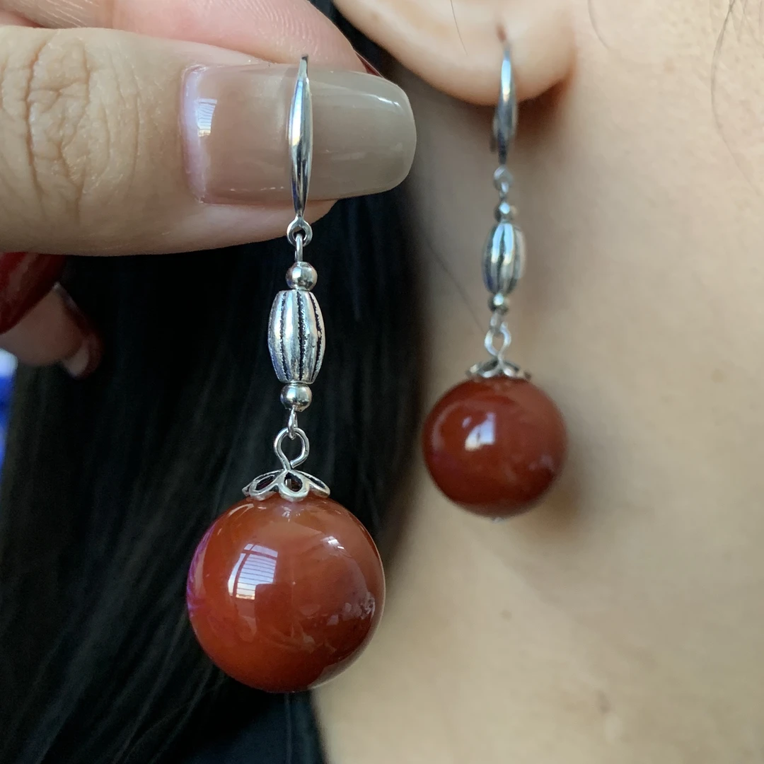 天然红玛瑙满肉卡16mm左右S925银镶嵌中长款气质百搭耳饰