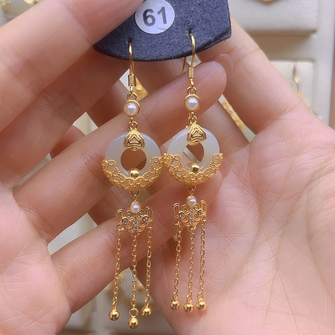 和田玉银S925镀金镶嵌耳饰