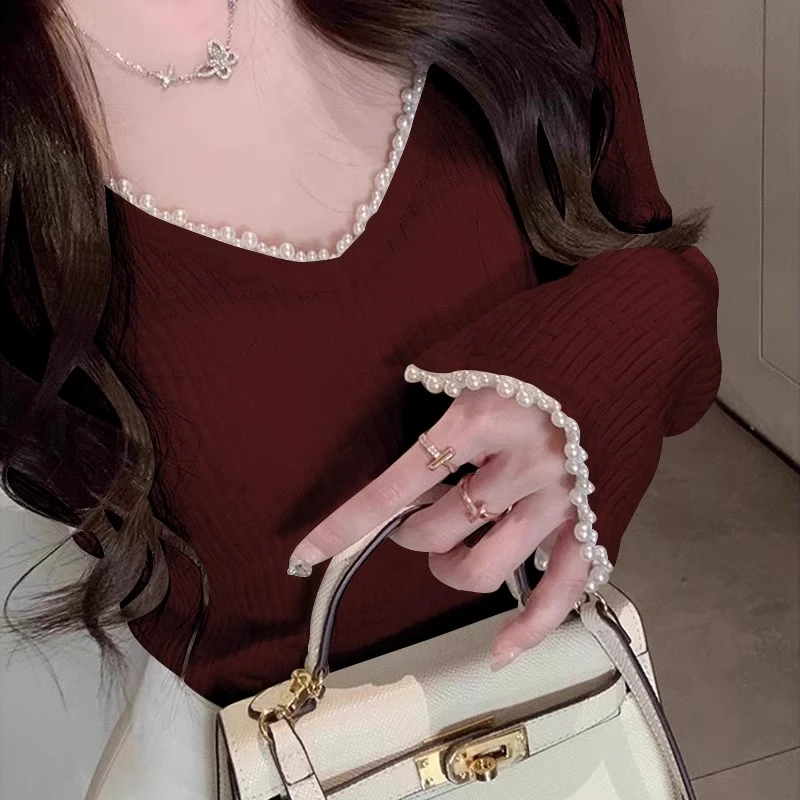 新年安哥拉红色V领打底衣女针织衫秋冬内搭可外穿毛衣珍珠领上衣