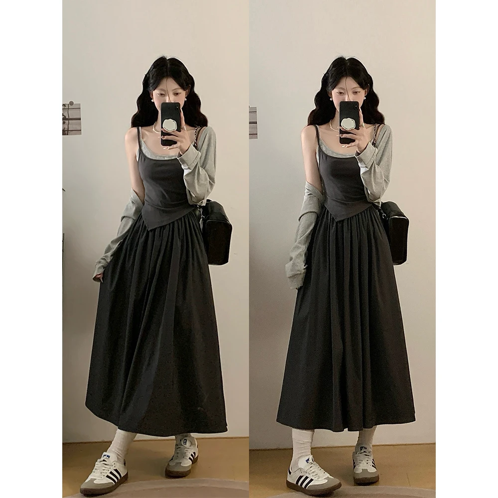 2025年秋季新款大码法式假两件吊带裙拼接披肩两件套装