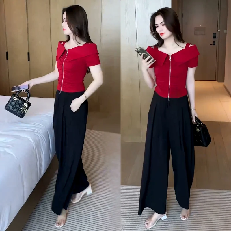 短袖T恤女2025新款夏季洋气减龄显瘦时尚短款遮肚露肩上衣气质