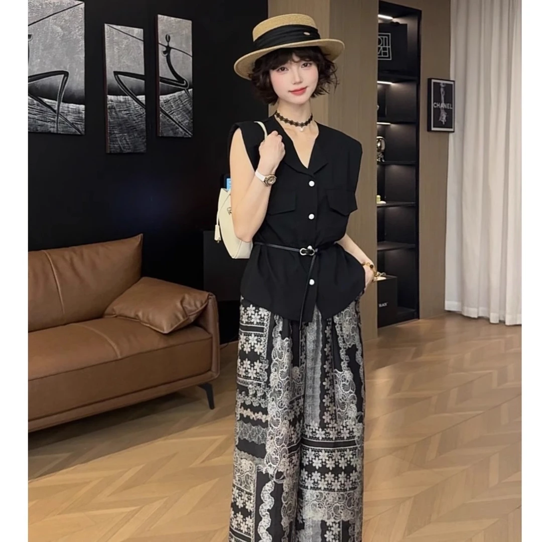 欧货复古印花抽绳松紧腰阔腿裤女2025夏季新款宽松气质冰丝直筒裤