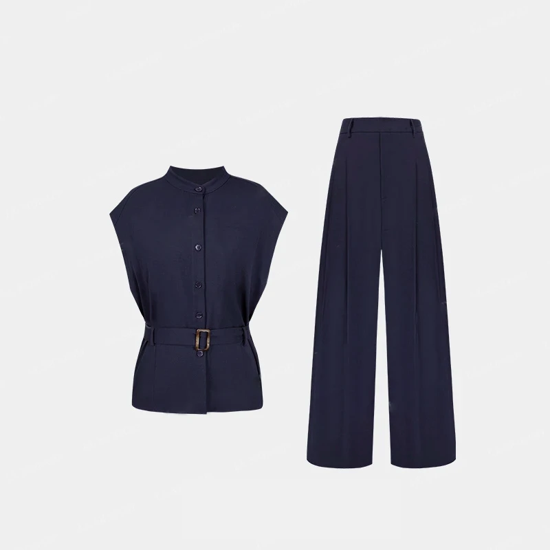 通勤套装清爽袖慵懒风短衬衫+高腰休闲气质阔腿裤时尚轻奢D1671