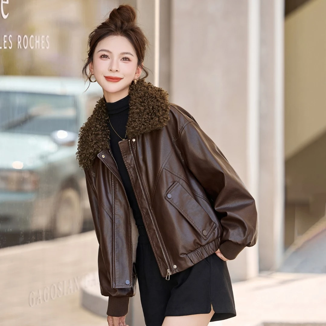 覆古羊羔毛领加绒加厚皮衣女2025秋冬新款宽松百搭保暖皮夹克外套