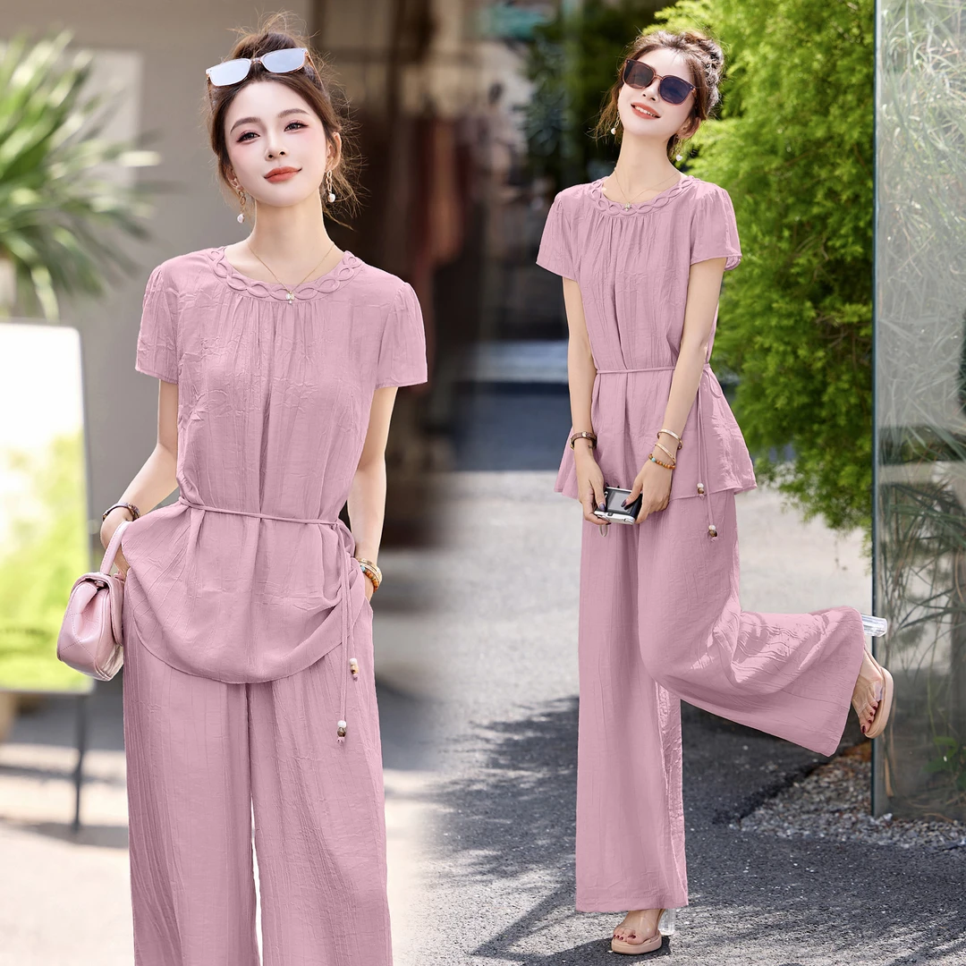 韩版休闲系带套装女2025夏季新款高级感气质百搭显瘦阔腿裤两件套