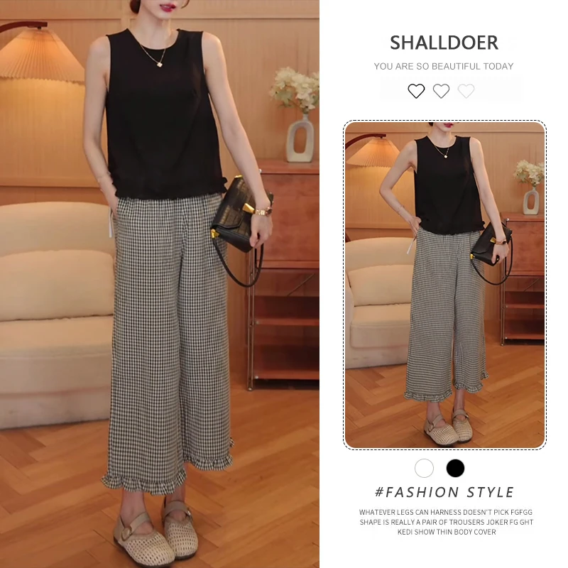 纯色简约百搭老钱风女装套装2025年夏季新款无袖背心格纹裤两件套