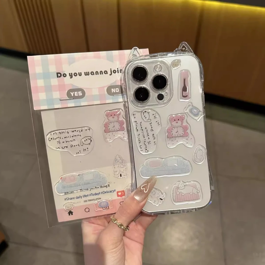 小熊立体diy贴纸适用苹果16promax手机壳iphone14pro新款13猫耳朵