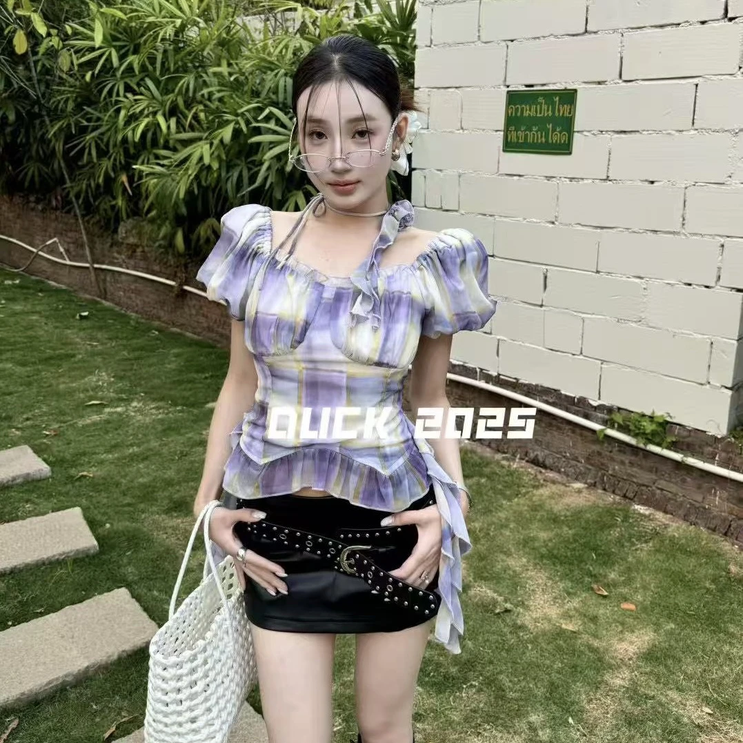 雯雯家 2025夏季新款DUCK原创方领格子拼接海带边气质雪纺上衣