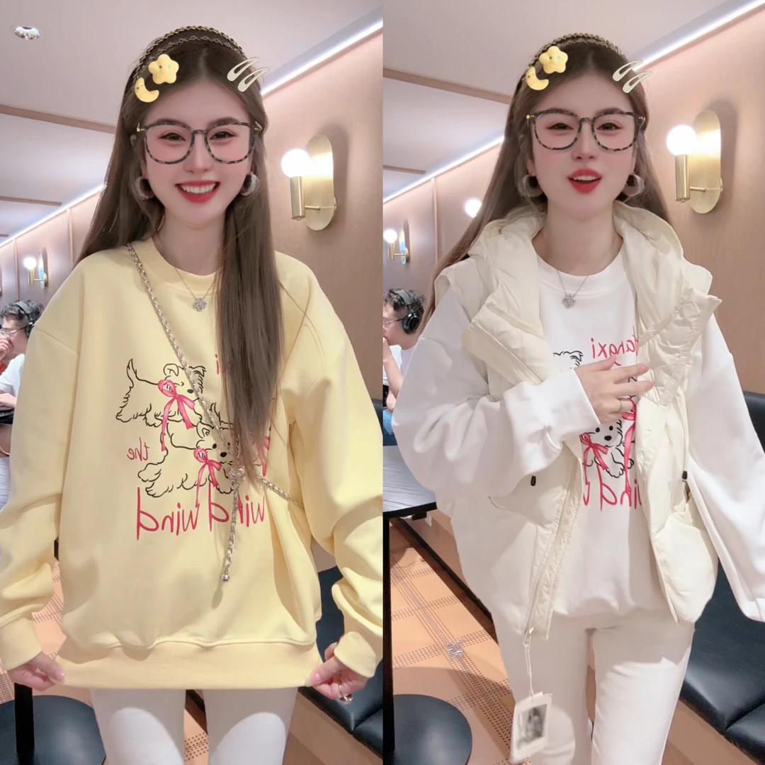 蝴蝶结小狗印花黄色卫衣女秋冬款加厚宽松大码无帽圆领套头上衣潮