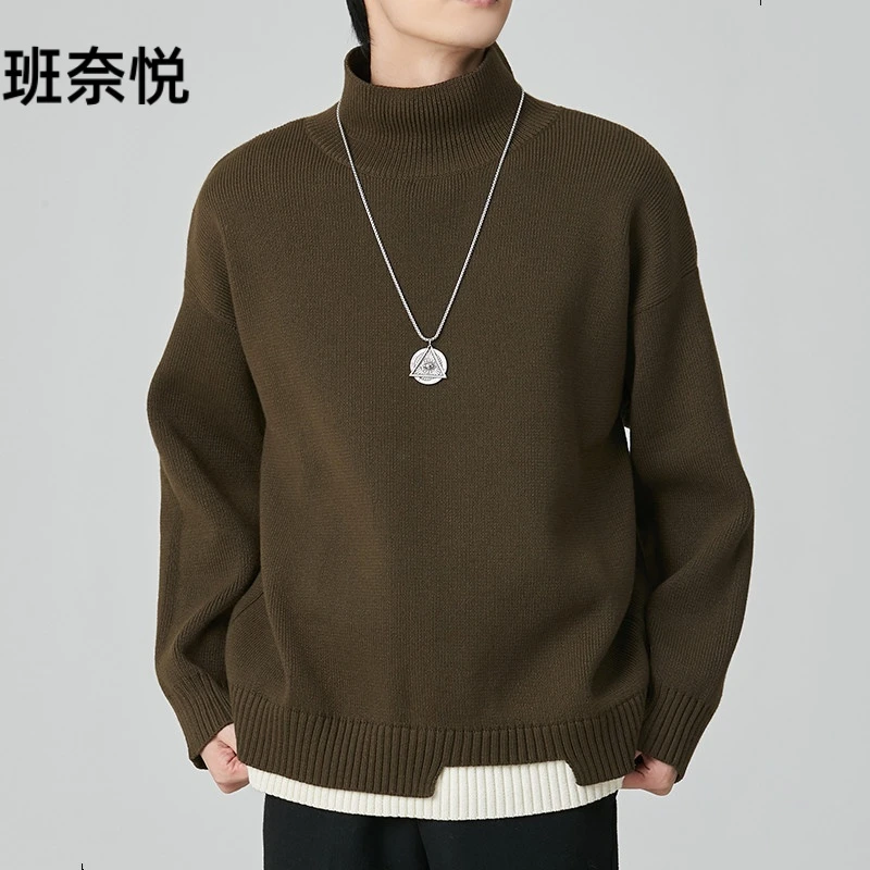 假两件男士毛衣半高领秋冬季百搭宽松针织打底衫纯色中领线衣潮流