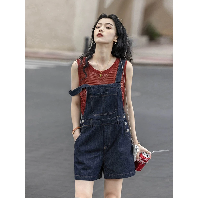 2025春夏新款复古蓝色牛仔背带裤百搭直筒连体裤辣妹针织背心上衣