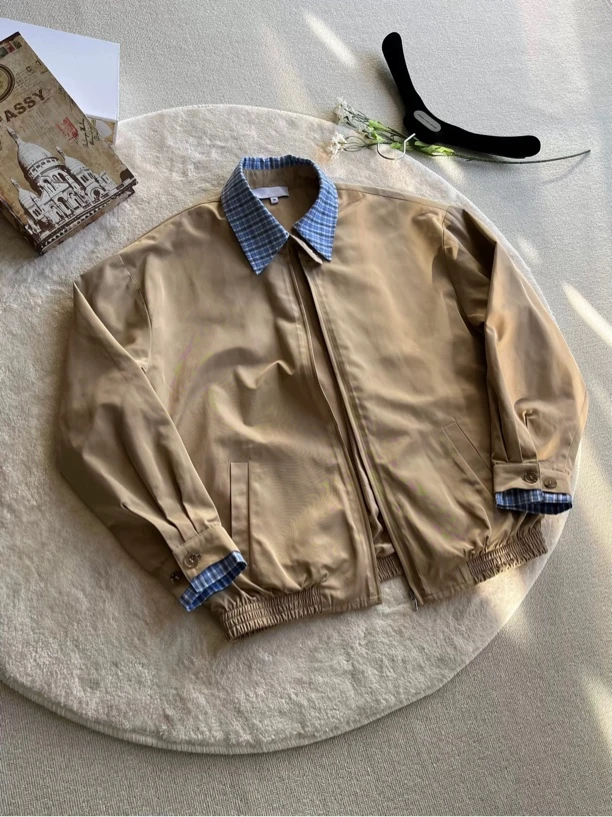 【慌慌】新款假两件miu系卡其色哈灵顿夹克外套学院风休闲外套D52