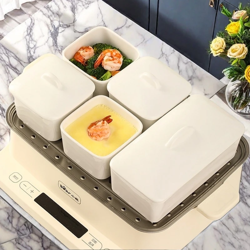 陶瓷蒸碗带盖辅食蒸鸡蛋羹无盖电蒸锅专用碗配套小方盒方形蒸蛋碗