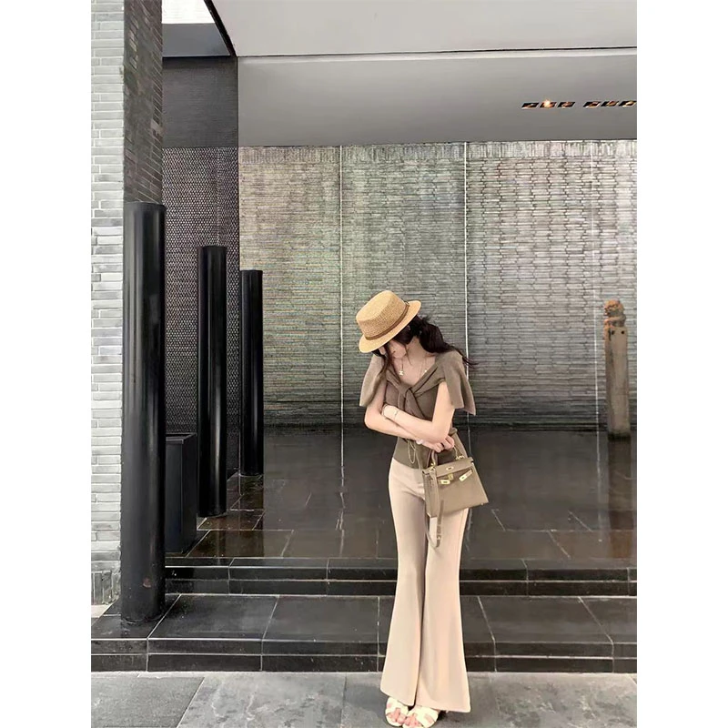 夏季薄款针织防晒开衫女挂脖吊带背心+慵懒宽松阔腿裤三件套装潮