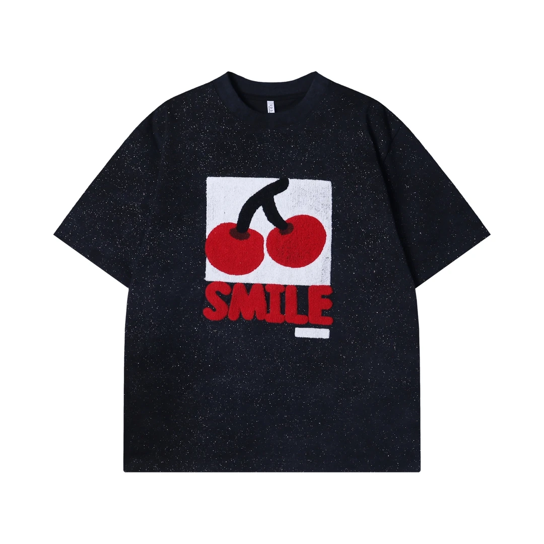 夏季高级感新款韩版撞色立体樱桃字母磨毛圆领短袖T恤宽松上衣