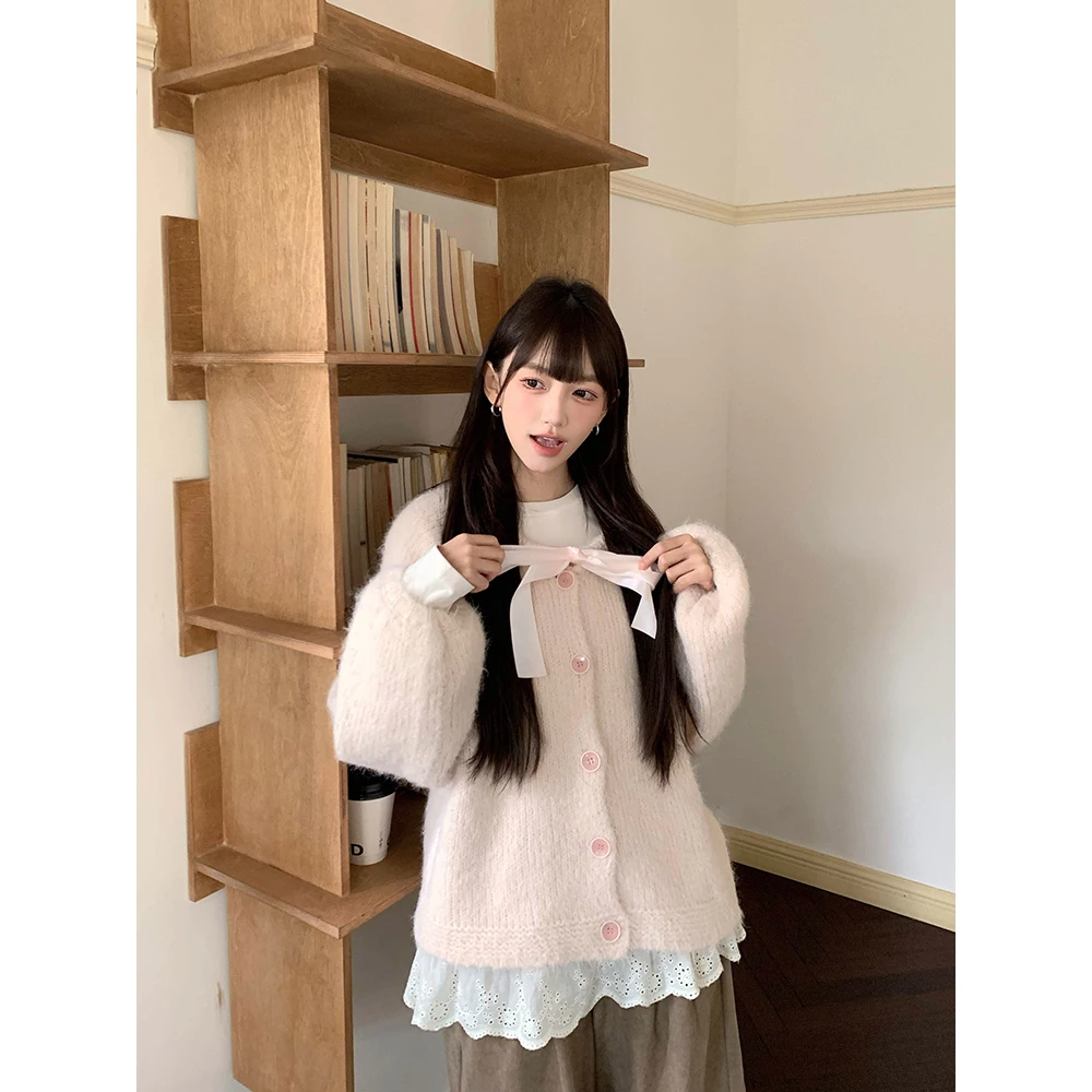 溪溪靓衫~少女手札宽松慵懒风毛衣针织开衫外套粉色上衣秋冬温柔