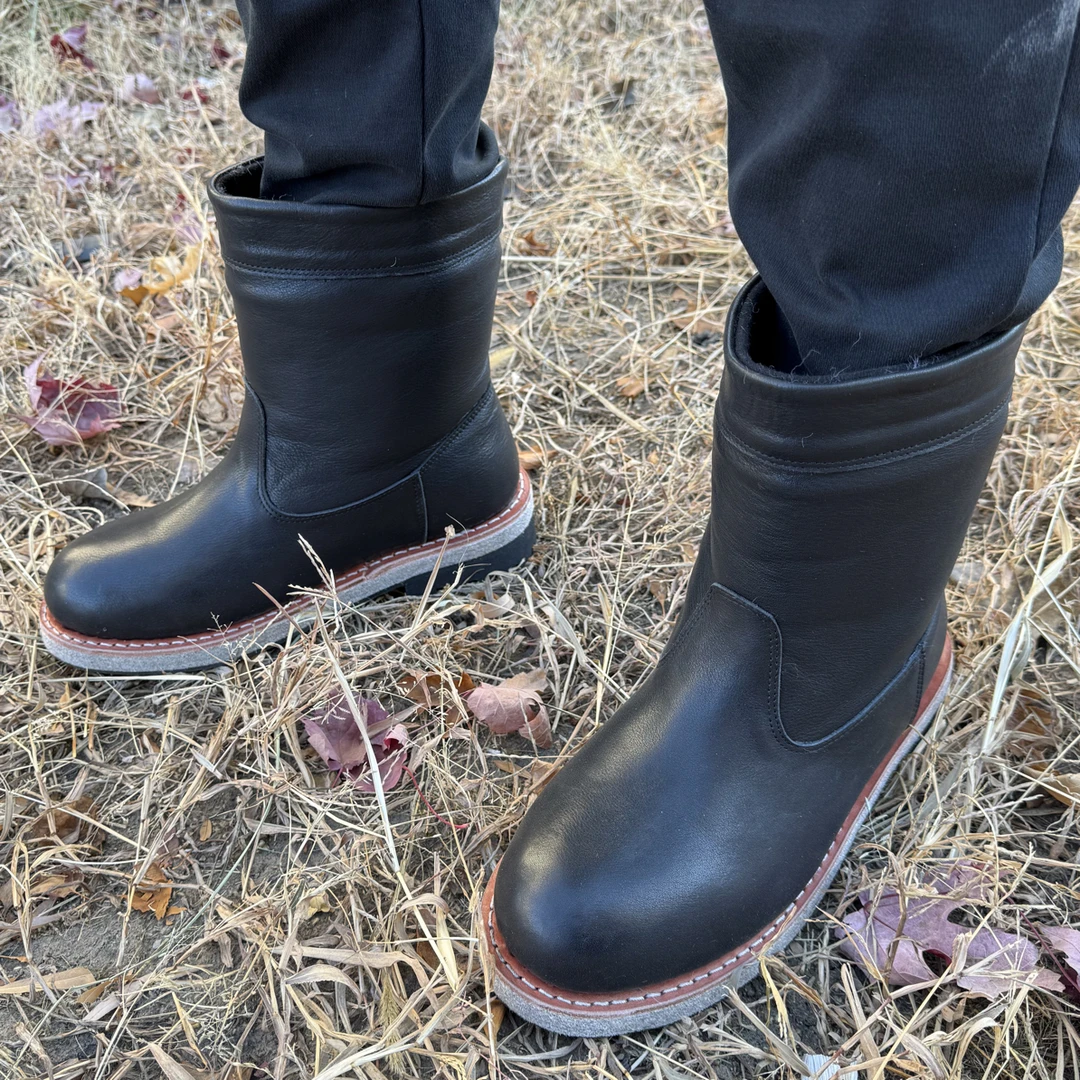 男款一脚蹬牛皮低腰靴内里羊皮毛一体毛毡底雪地靴雪地棉