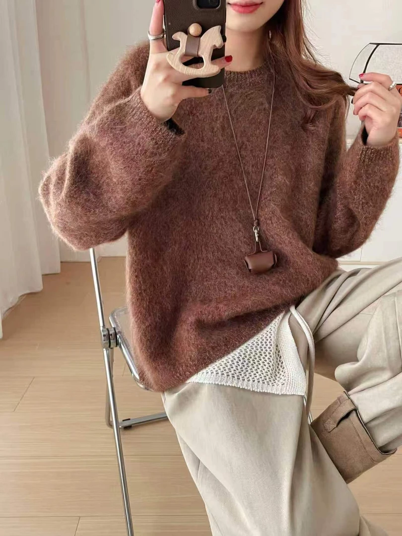 长袖加厚衫秋冬女式燕麦色毛衣圆领纯色毛针织衫PY685602