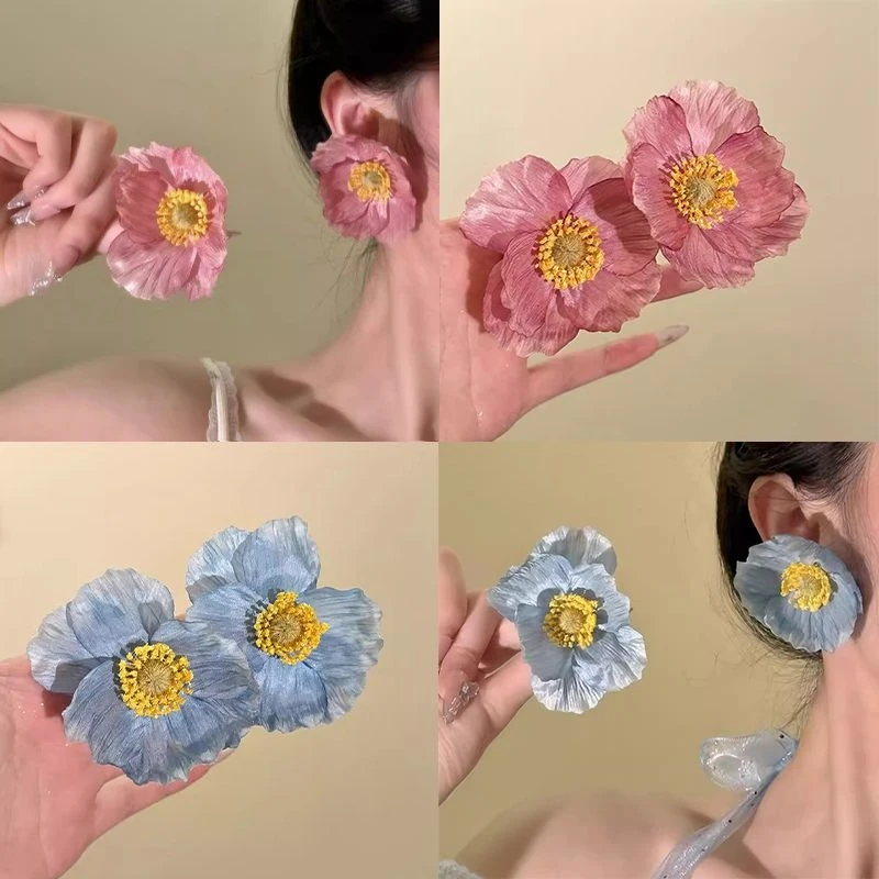 海岛假日~超仙仿真花朵耳环女春夏季甜美度假风耳钉夸张气质耳饰