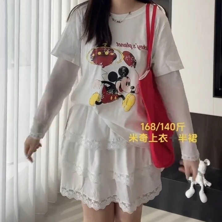 982#卡通印花拼接网纱短袖T恤与蕾丝蛋糕半裙时尚套装