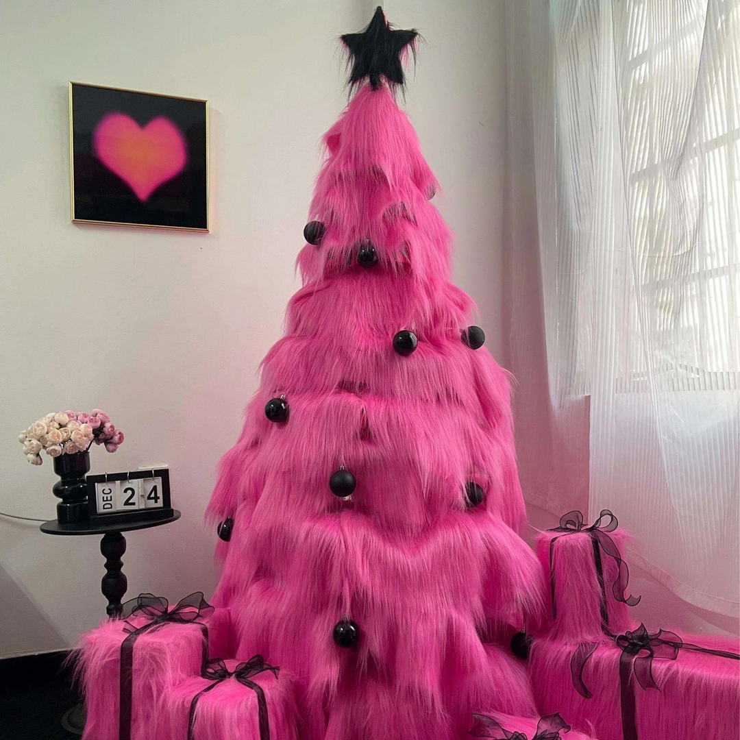 新款粉色圣诞树毛毛绒diy家用大型客厅摆件高级感圣诞节ins风迷你