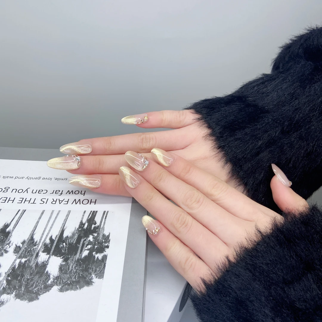 「橘子海」轻奢金色猫眼堆钻不规则猫眼造型纯手工穿戴甲