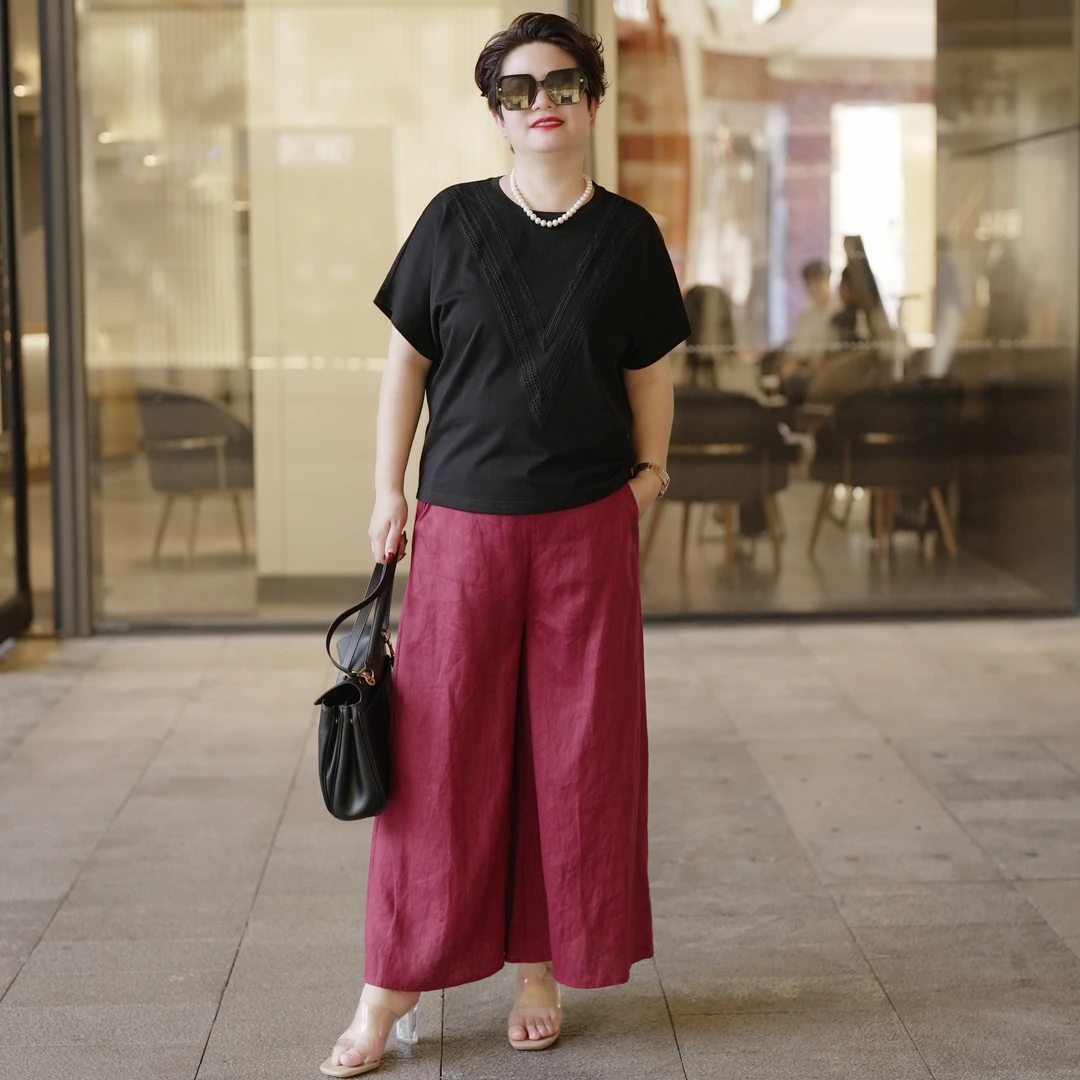 向红同学2025夏季时尚复古文艺亚麻垂感阔腿大码裤KZ037