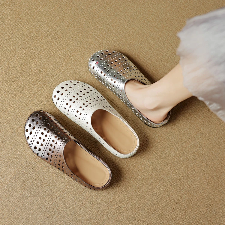 牛皮~4cm内增高春夏新款时尚百搭外穿包头半拖鞋女镂空透气懒人拖