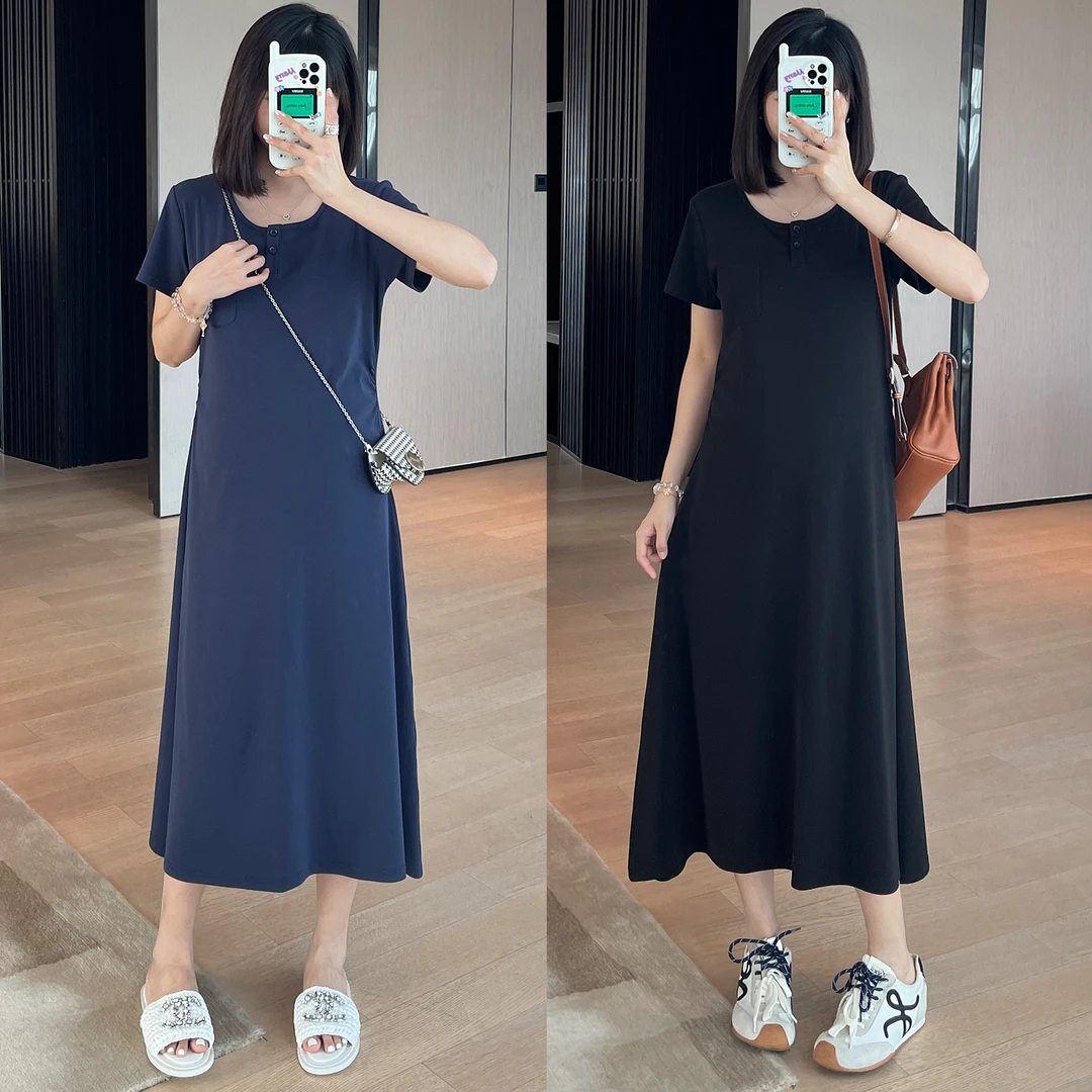 夏季孕妇长款短袖连衣裙显瘦中长款高级感气质休闲A字百搭长裙