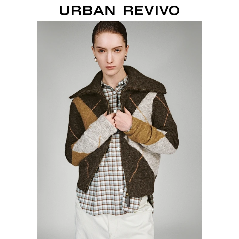 UR2026春季新款女装琥珀流光风复古菱格短款针织开衫UWH950158