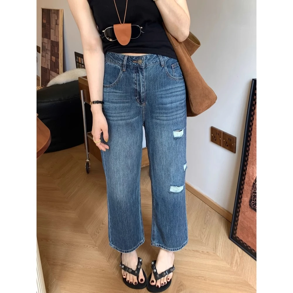 复古蓝破洞九分直筒裤女夏季薄款微胖大码遮肉显瘦窄版阔腿牛仔裤