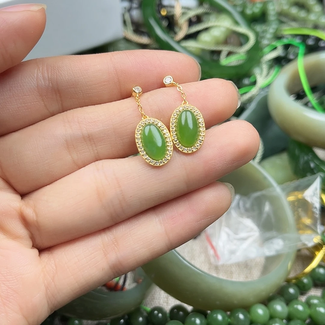 和田玉（白玉）银S925镶嵌耳饰