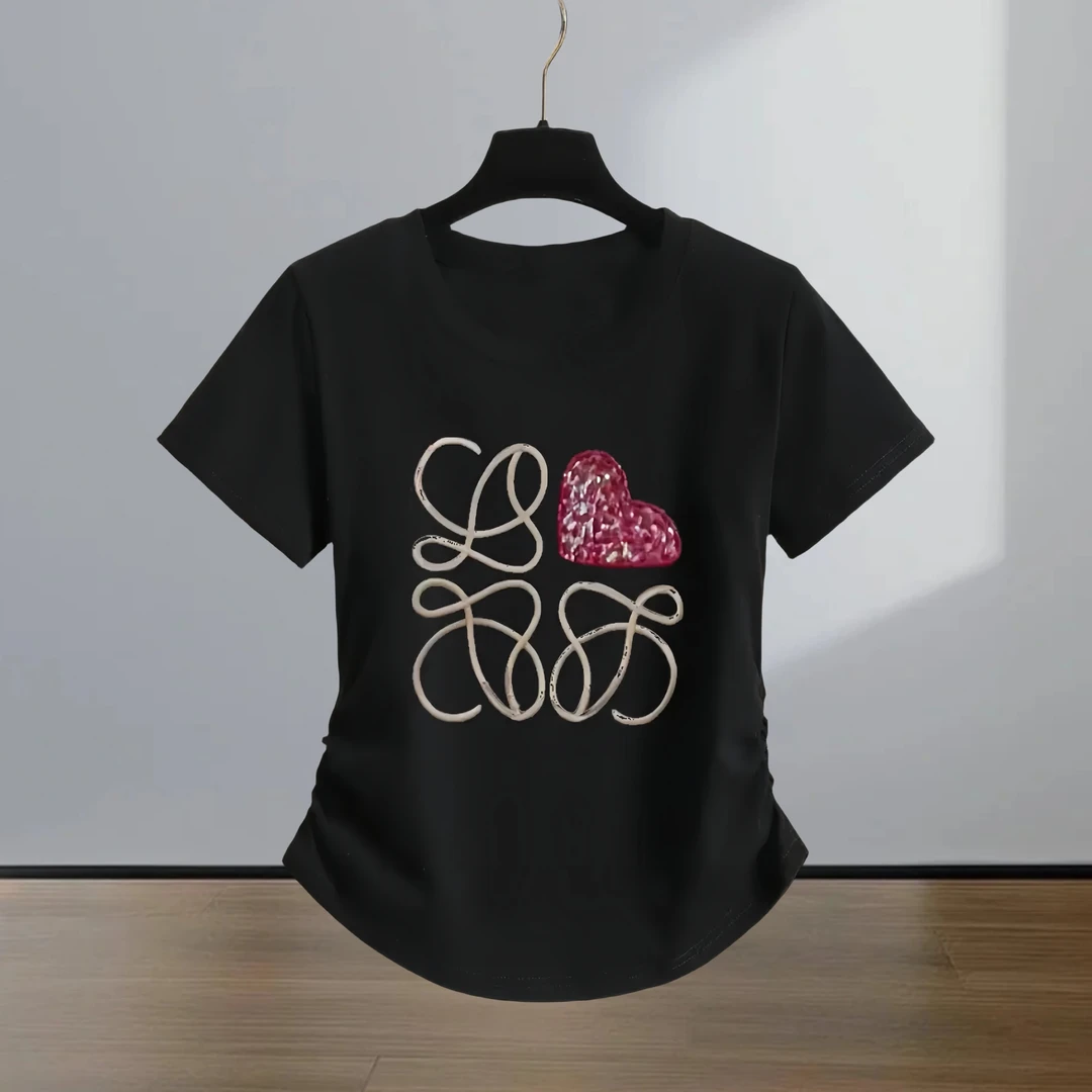 新款时尚短袖T恤女优质棉爱心刺绣捏褶减龄气质正肩上衣2025夏季