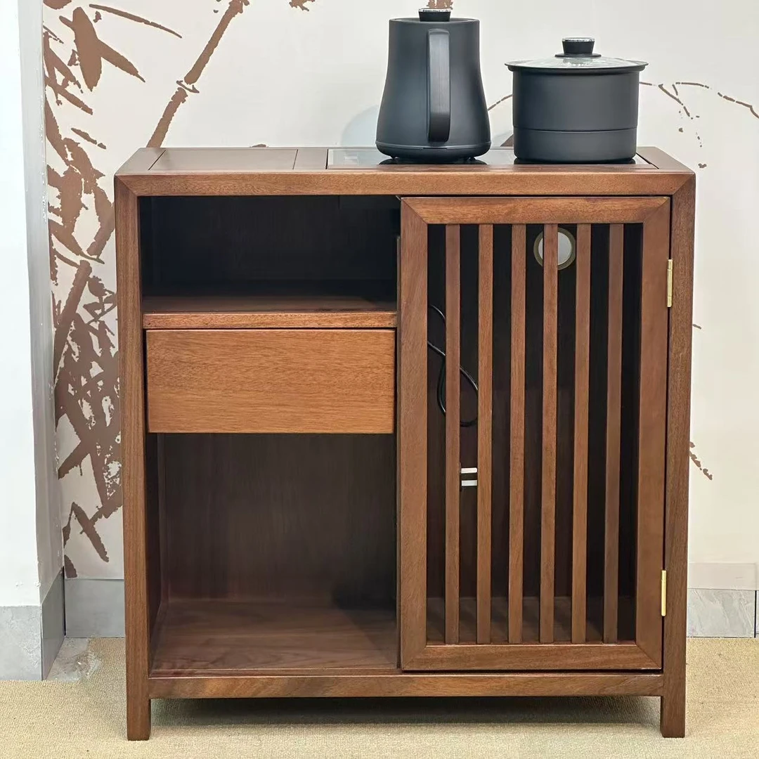 北美黑胡桃带抽屉茶水新中式可移动茶柜简约时尚耐看储物黑胡桃木