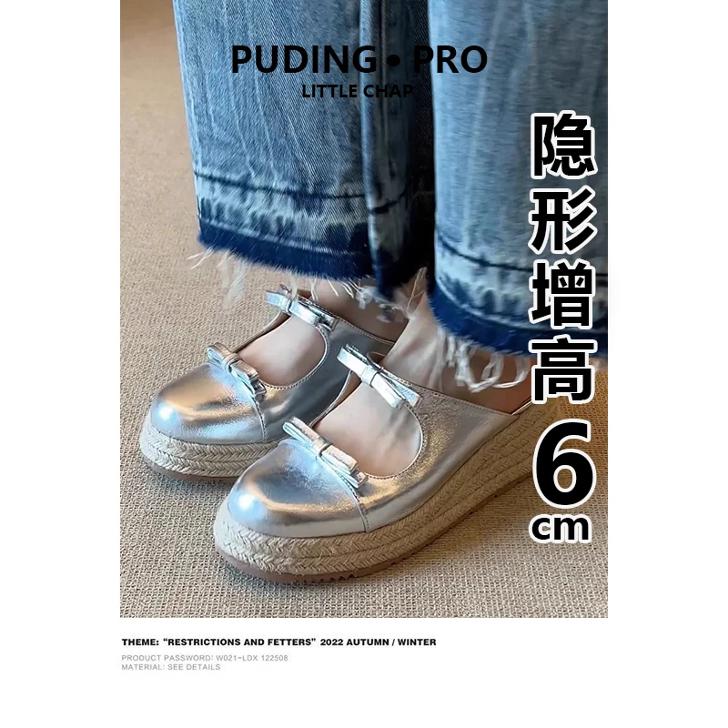 牛皮版~内增高包头半拖鞋女2025新款小个子厚底坡跟凉拖鞋女鞋子