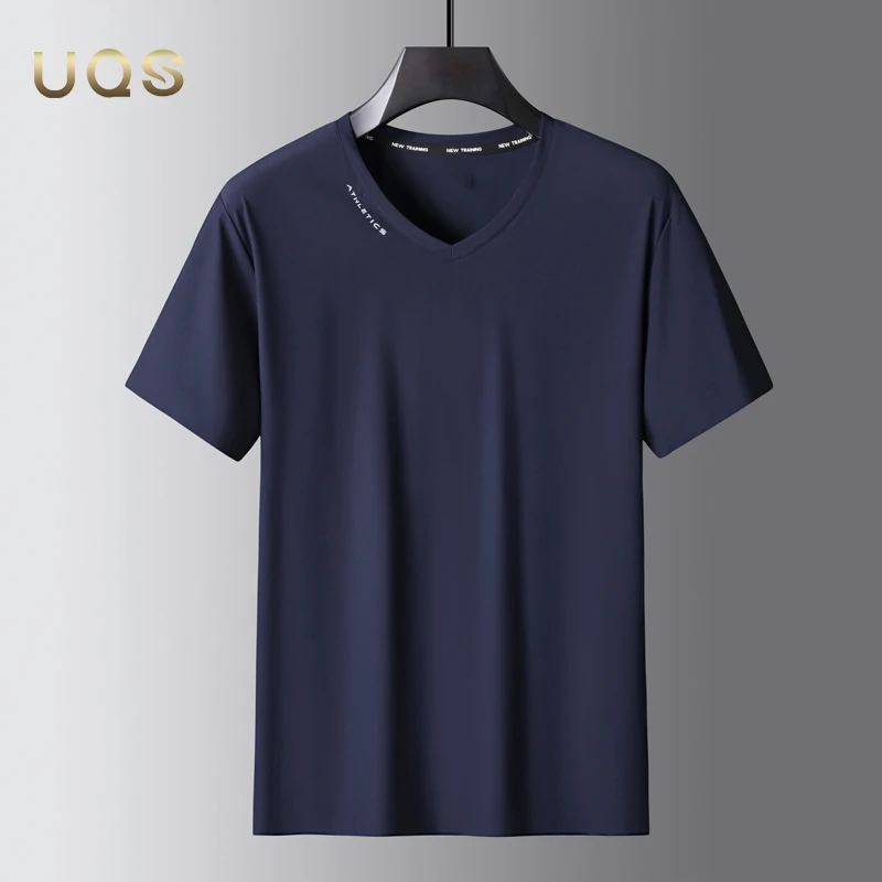 夏季无痕V领冰丝男士大码T恤宽松凉感休闲日常简约休闲运动速干款