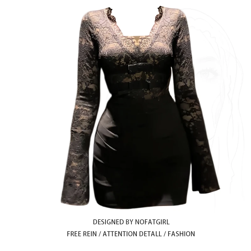 大码胖mm御姐风辣妹收腰长袖连衣裙秋冬蕾丝拼接V领性感包臀裙子